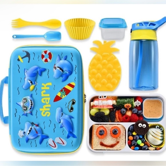 COO&KOO NWT Shark Blue Yellow Kids Lunchbox with Accesories - Picture 2 of 12